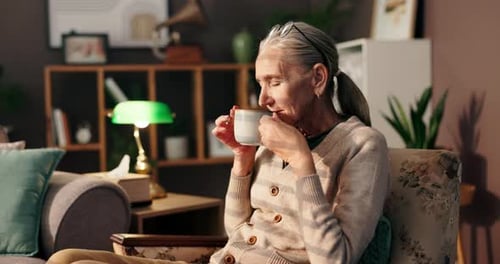 Senior Woman Drinking Tea in Armchair Indoors