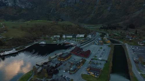aerial view of flam railroad station at Aurlandsfjord fjord in norway