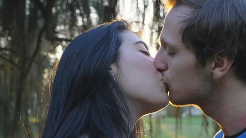 Romance,desire,Love.Young couple kissing at sunset in the park-slow motion