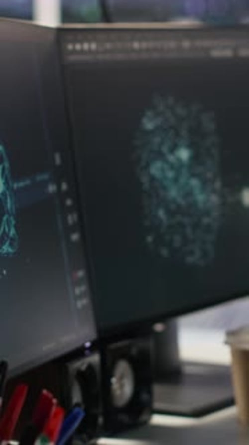 Vertical Video Data Center PCs Showing Neural Network Visualization and Code Debugging Tools