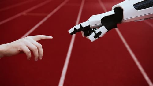 Footage of Robot Touching Human Finger Connection Artificial Intelligence Concept Connection Future