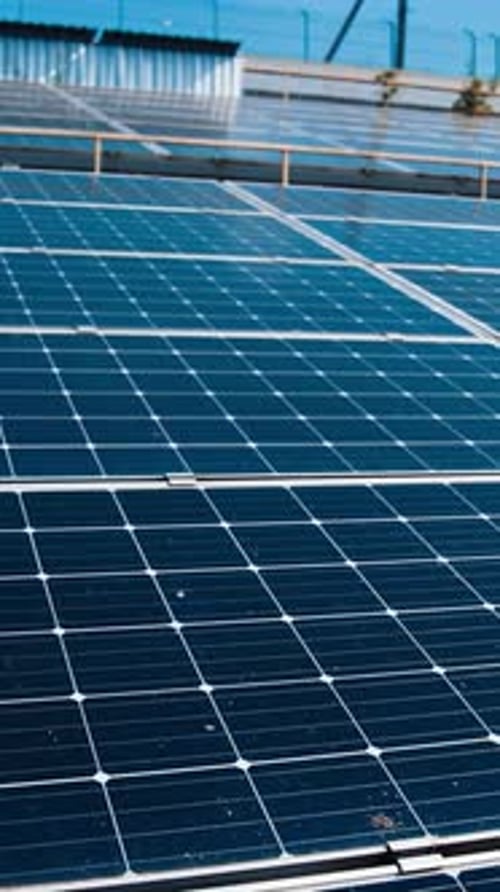 Photovoltaic panels at sunlight. Modern solar farm with blue sunny batteries.
