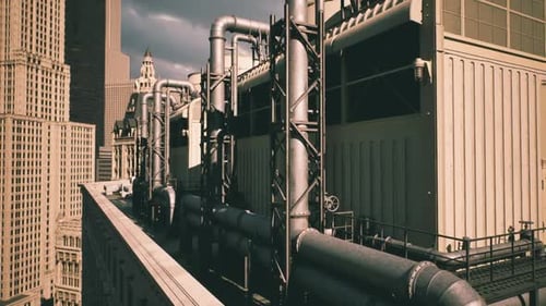 Industrielle Dachinstallation mit Rohren und Systemen vor der Skyline der Stadt