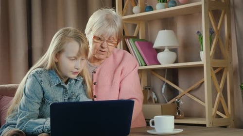 An Elderly Lady and a Girl Use a Laptop Together in the Children's Room