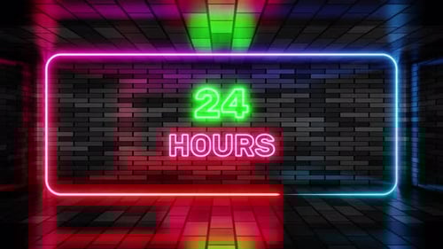 Dynamic Neon Sign with 24 Hours Text on Urban Brick Wall