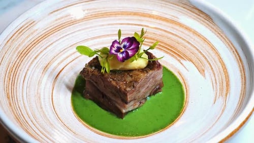 Gourmet Dish of Tender Beef Short Rib with Vibrant Green Sauce and