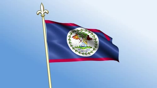 Belize National Flag Waving on a Pole Against Blue Sky