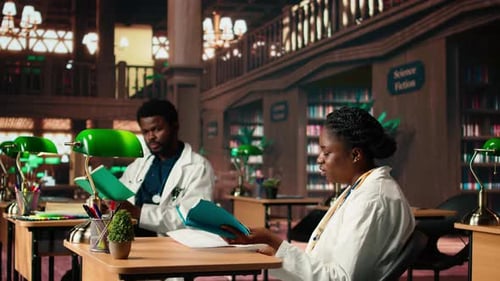 Two Medical School Scholars Focusing on Their Studies in a Traditional Library