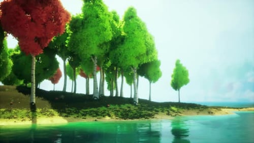 Colorful Cartoon Forest at Sunset