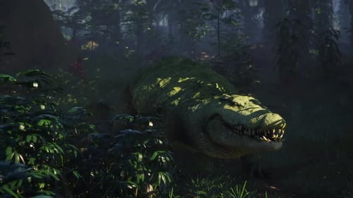 Un crocodile se cache au milieu d'un feuillage dense dans un décor de jungle préhistorique
