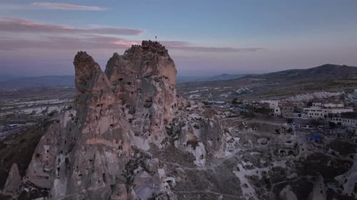 Uchhisar Cave Castle In Cappadocia, At Sunset