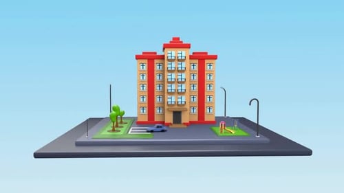 3D Isometric Building with Park and Street Lights Animation