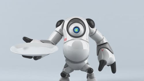 Animated 3D Robot Character Holding Empty Serving Plate