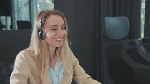 Cheerful Blonde Customer Support Ending Customer Service Chat Computer Video Call Conversation