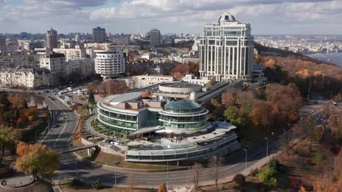 Panorama of Dnipro River with Residential Highrise Buildings Along the Banks
