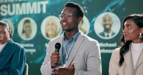 Stage, summit and speaker of science, man and explaining of research of climate change in world