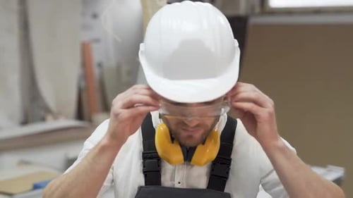 Man Puts on Safety Glasses in Workshop