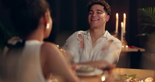 Smile, couple and laughing on date at restaurant for romance, valentines day celebration