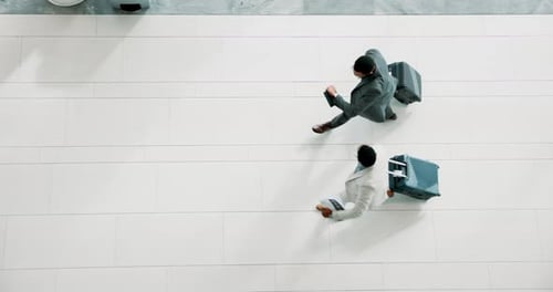 Running late, top view and businessmen at airport with luggage for travel, trip and journey