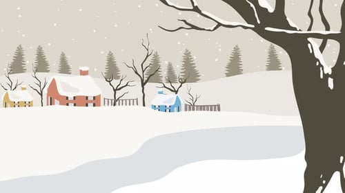 Winter Village Scene with Falling Snow Flat Design Animation