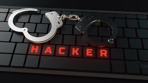 Handcuffs on Keyboard with Glowing Hacker Text Animation