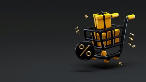 3D Shopping Cart with Gifts and Percent Icon for Sales Events