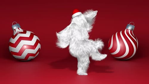 Dancing White Furry Character with Santa Hat and Christmas Ornaments