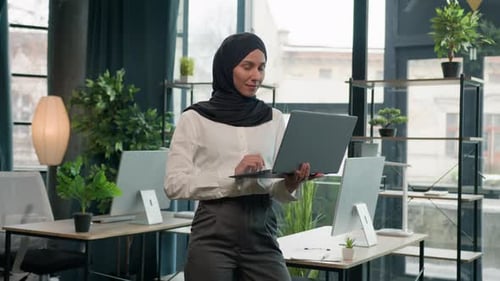 Islamic Muslim Businesswoman Smiling Arabian Indian Woman in Hijab Female Manager Stand Working