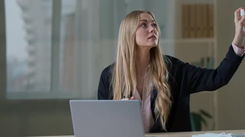 Caucasian Business Woman in Office Sanitizing Hands with Sanitizer Spraying Around Put on Medical