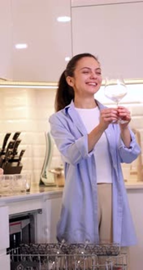Woman Unloading Wine Glasses From Dishwasher in Kitchen