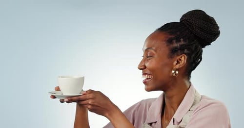 African woman, coffee cup and face in studio for drink, choice and show with smile by blue