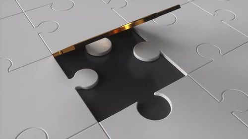 3d white jigsaw puzzle one tile out. Last piece golden color goes to finish the game.