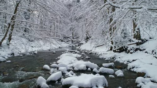 Luftaufnahme Fabelhafte Winterlandschaft eines Gebirgsflusses in einem magischen Wald