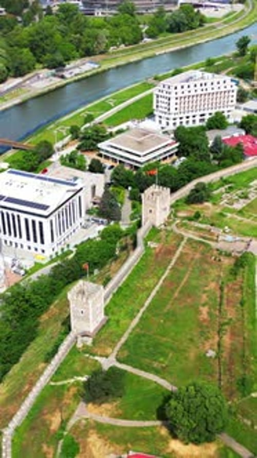 Aerial, drone view of the Skopje Fortress in Skopje, North Macedonia. Vertical