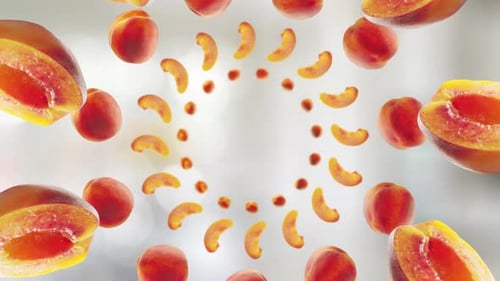 Tranches de pêches volantes et de pêches sur fond de cuisine lumineux