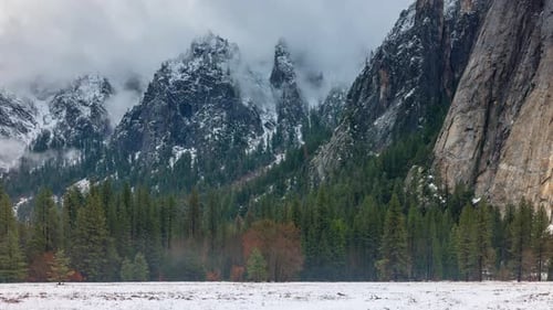 Time lapse of a snowy winter landscape in Yosemite National Park