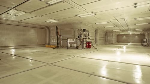 Interior Hangar Filled with Industrial Scaffolding and Machinery