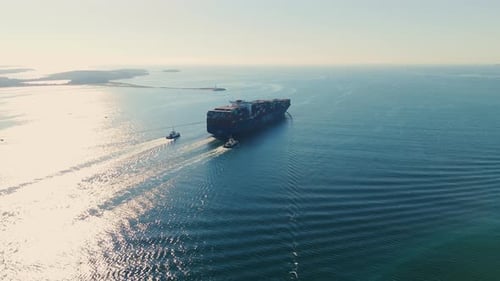Massive Cargo Ship Crossing Atlantic After Leaving Halifax Top Drone View