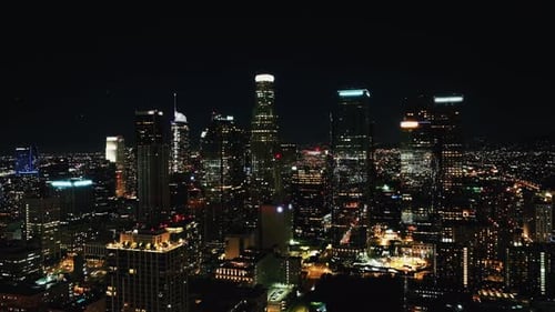 Aerial panoramic view of Los Angeles downtown at night.