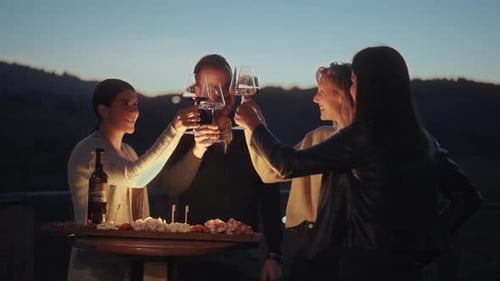 Group of friends enjoying wine tasting with local cheese, prosciutto and wine at sunset.