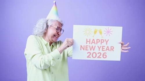 Mulher sênior comemorando o ano novo de 2026 com entusiasmo alegre