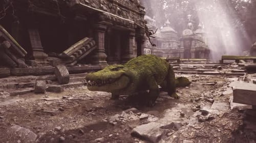 Un crocodile se promène dans d'anciennes ruines en décomposition couvertes de mousse