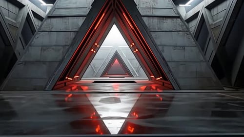 Futuristic corridor with triangular architecture and vibrant red accents