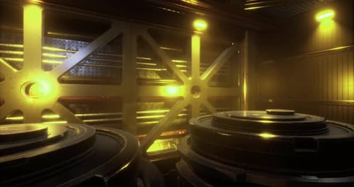 Des faisceaux lumineux illuminent un espace de rangement futuriste dans un décor de science-fiction