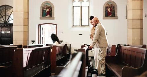 Elderly, man and walking with caregiver in church for walker assistance, religion or sunday service