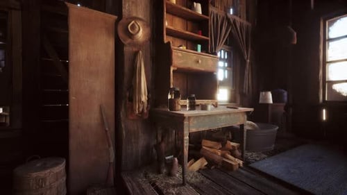 Rustic Wooden Cabin Interior Camera Pan