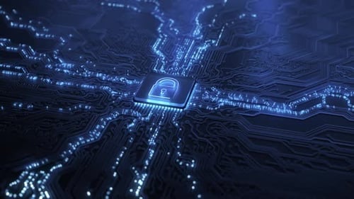 Digitales Sicherheitshologramm des virtuellen Schlosssymbols auf der Leiterplatte, Konzept des Finanzdatenschutzes und