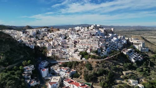Mojacar White Village on Top of a Hill in Almeria, Andalusia, Spain - Aerial 4k