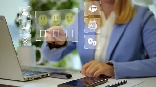 Animation showing customer satisfaction survey, AI evaluation and business analytics