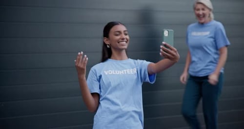 Volunteering, selfie and charity group, happy people or team pose for social media post of community